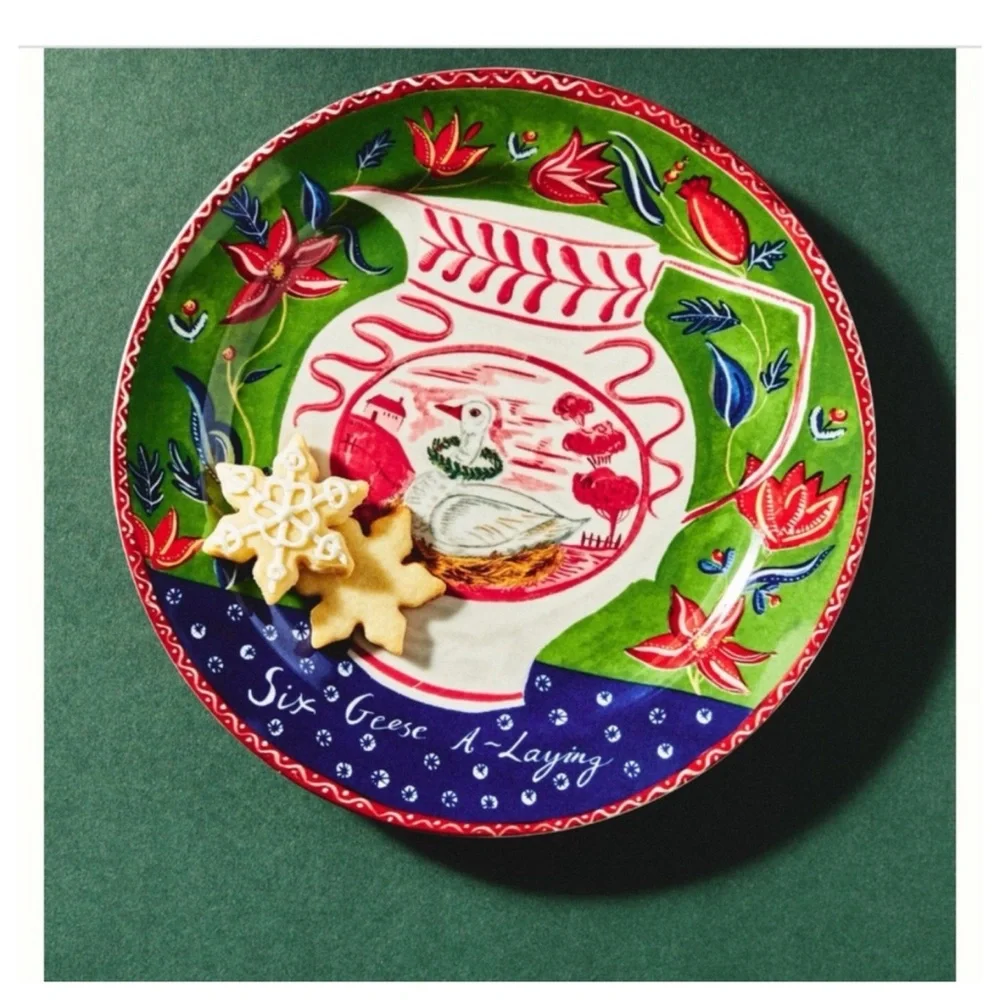 NIB Anthropologie Emily Maude 12 Days of Christmas 6 Geese Laying Dessert Plate